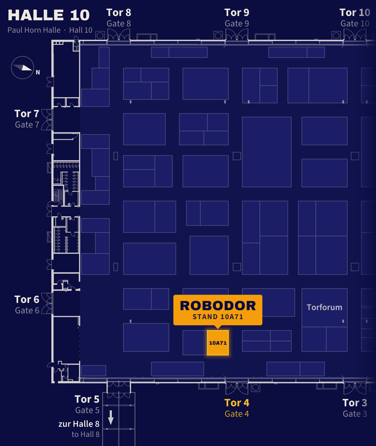 Plano del pabellón 10 con el stand de Robodor 10A71 junto a la puerta 4
