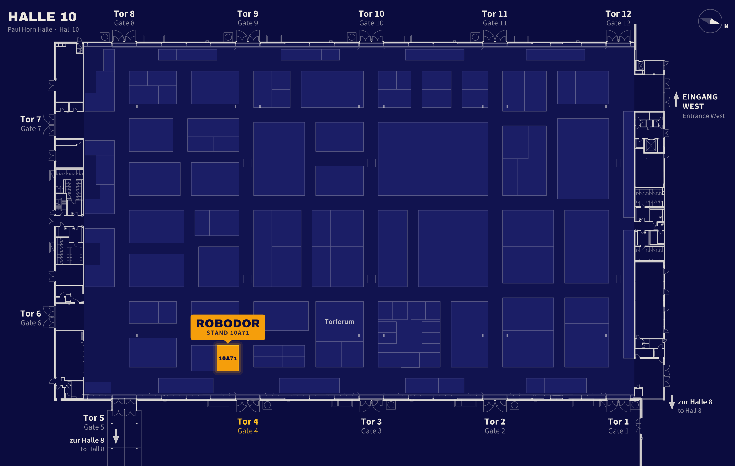 Plano del pabellón 10 con el stand de Robodor 10A71 junto a la puerta 4